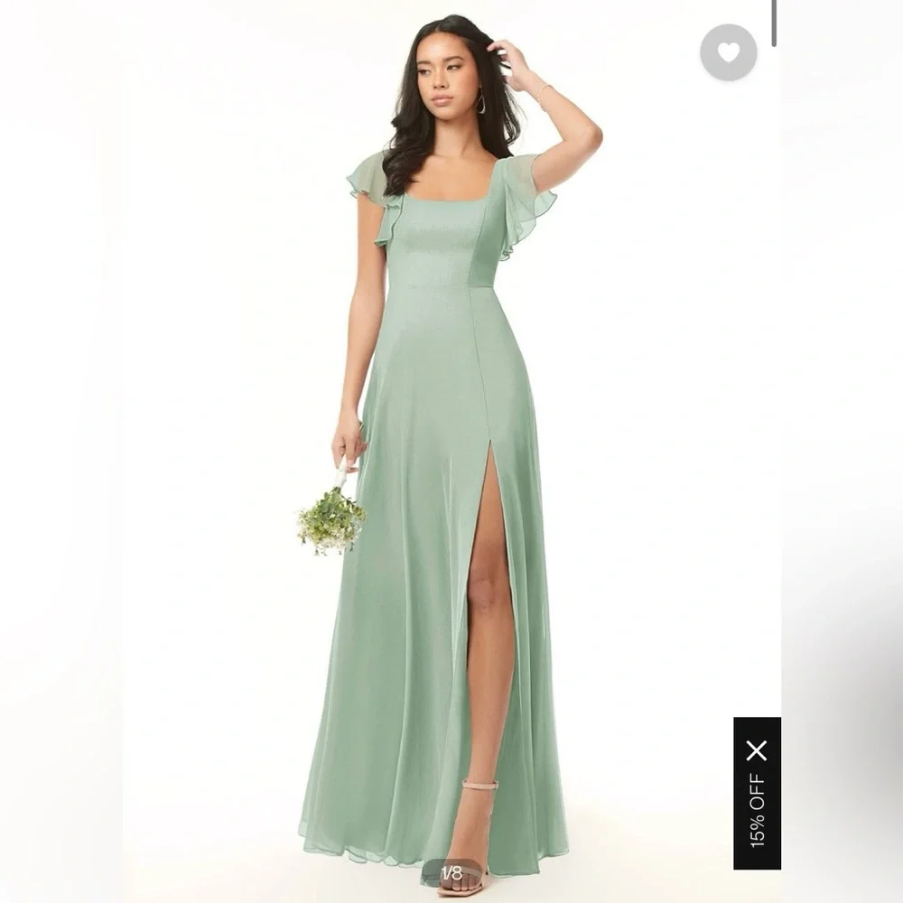 Light Green/Agave A-Line Ruffled Chiffon Floor Length Azazie Bondi Dress - Picture 2 of 8